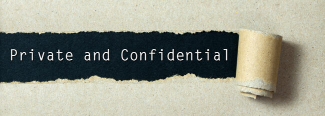 Individual Privacy and Accident Investigations Private and confidential written on torn paper black background