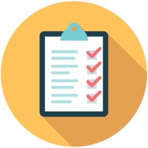 Illustrated icon of checklist on clipboard against a yellow background circle