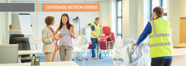 Coverage Review Series - Moving office furniture to new office. Two woman talk to each other.