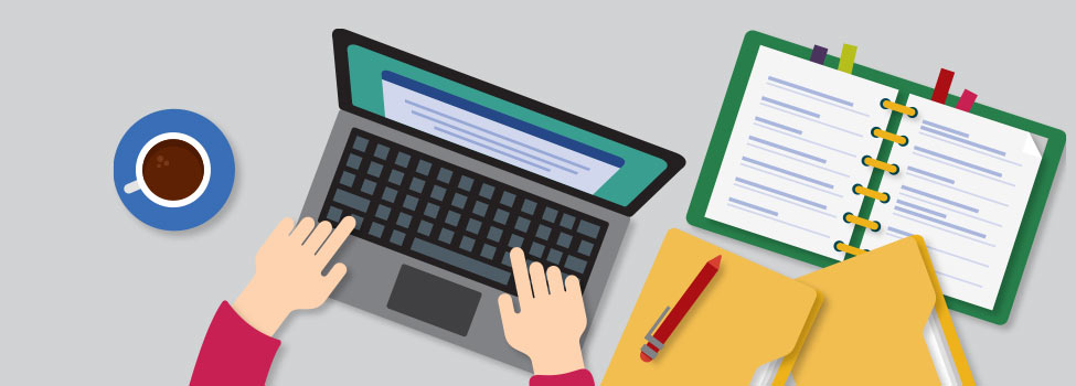 Vector drawing of a woman typing on laptop with file folders and binder open. Top view, hands view only.