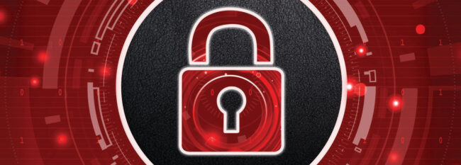 Illustration of locked padlock filled with computer circuitry in red