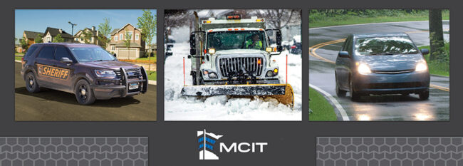 Against dark gray background are row of three photos: sheriffs squad SUV, snow plow and passenger sedan