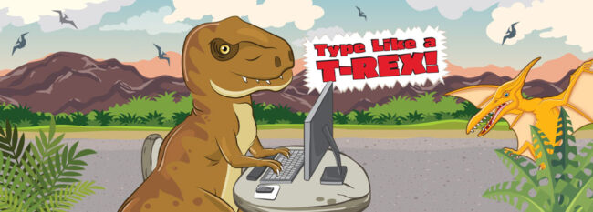 Type Like a T-Rex: Avoid Discomfort from Computer Work Type like a T-rex cartoon artwork. T-rex typing at laptop. Pterodactyls flying around.