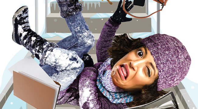 Blunderland hands free image. Woman falling down stairs.