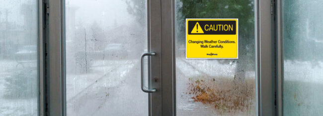 Yellow "Caution, Changing Weather Conditions" on office door with fogged, rainy scene outside
