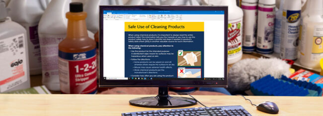 Safe Use of Cleaning Products email open on desktop computer. Shelf full of cleaning products in the background.
