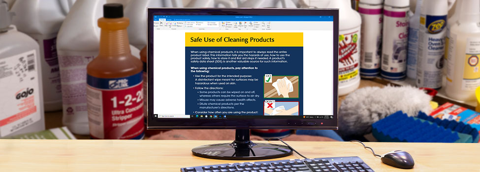 Safe Use of Cleaning Products email open on desktop computer. Shelf full of cleaning products in the background.