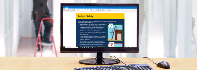 Ladder Safety email open on desktop computer. Man climbing on ladder, only lower half shown.