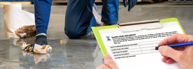 Man cleans spill in garage while someone fills out a sample near miss report.