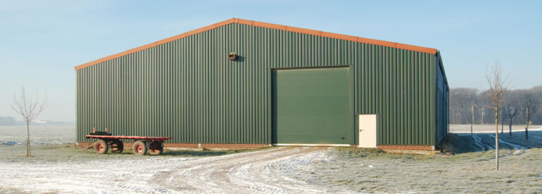 green garage/out building in the winter.