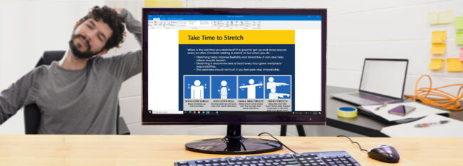 Take Time to Stretch email open on desktop computer. Man stretching neck in the background.