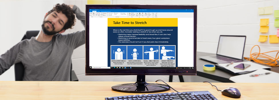 Take Time to Stretch email open on desktop computer. Man stretching neck in the background.