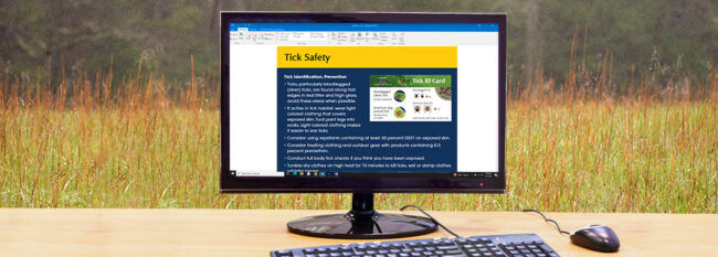 Tick Safety email open on desktop computer. Tall grass in the background.
