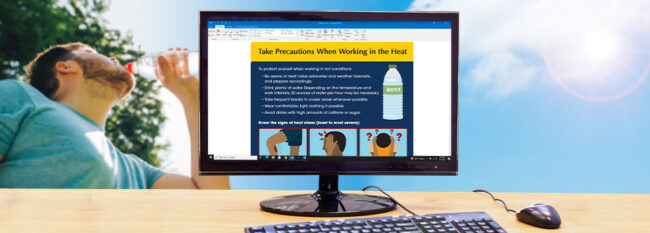 Take Precautions When Working in the Heat email open on desktop computer. Man drinks water on a hot day.