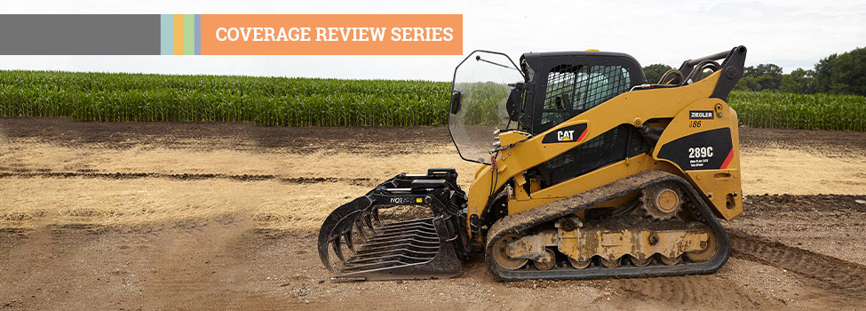Coverage Review Series - Mini dozer rolling on dirt near a farm field