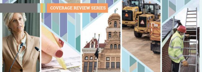 Coverage Review Series - Multiple picture collage - Woman talking into microphone, woman highlighting excel spreadsheet, brick courthouse, bulldozers in garage, man putting ladder on roof