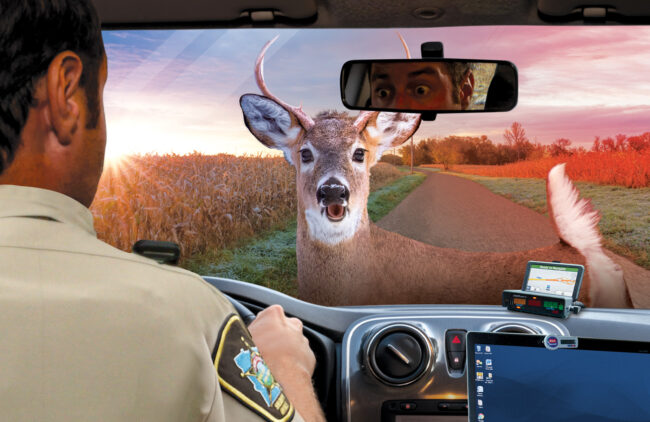 Don't Veer for Deer (Law Enforcement Audience) View over shoulder of driver to see deer in middle of road at dusk.