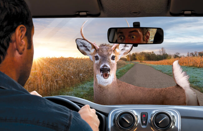 View over shoulder of driver to see deer in middle of road at dusk.