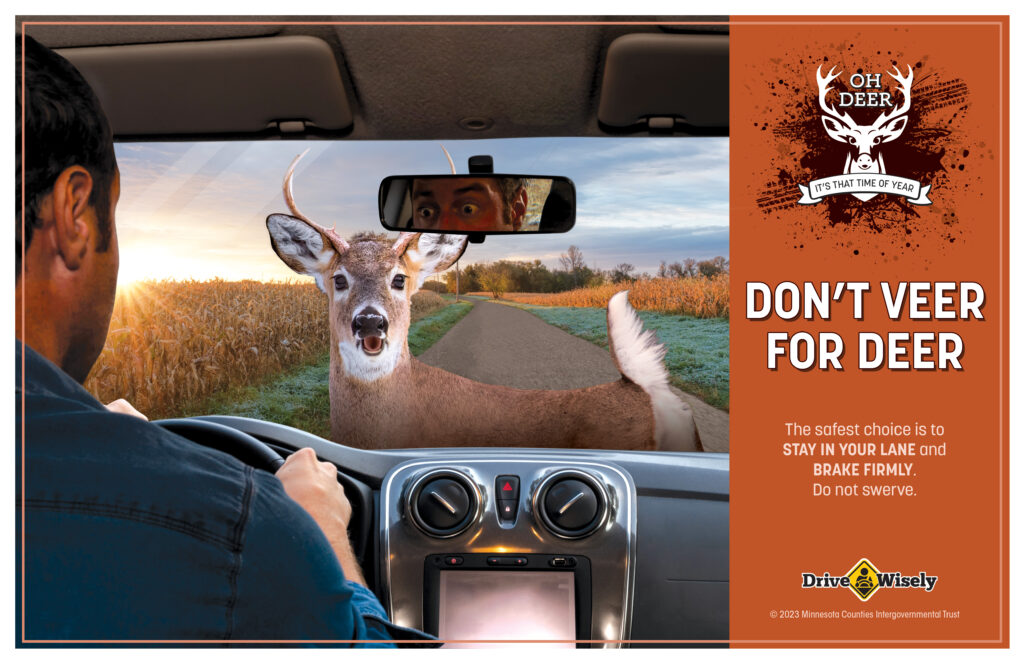 View over shoulder of driver to see deer in middle of road at dusk. Text: Don't Veer for Deer.