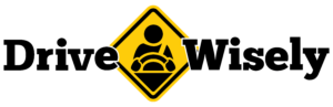 Drive Wisely logo: Words separated by yellow caution diamond with black illustration of person holding steering wheel.