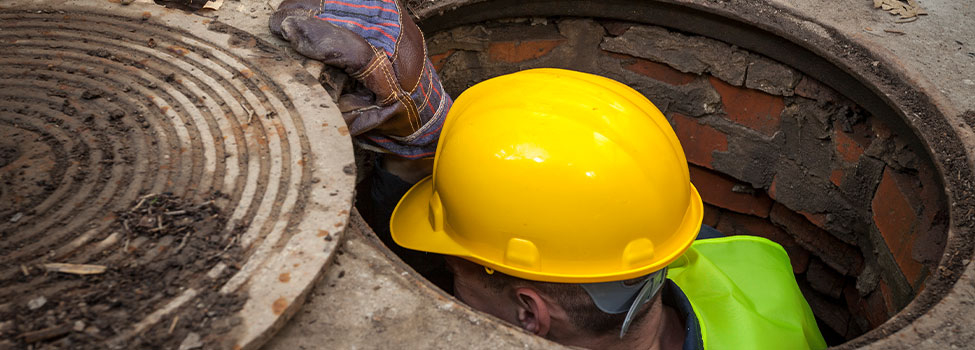 Man wearing hard hat, gloves and hi-vis vest goes down sewer manhole.