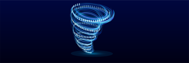 Digital code swirled like a tornado against a dark blue background