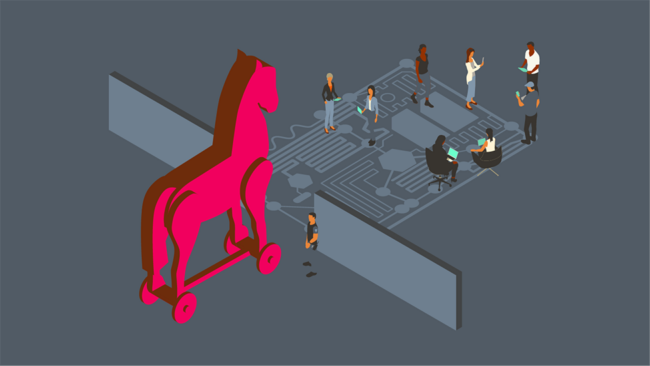 Illustration of large Trojan horse just outside open gate to computer network that shows people using various devices connected to the network