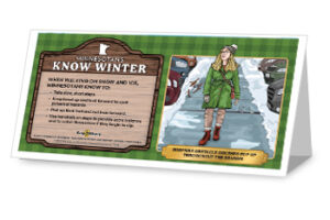 Step Wisely Minnesotan's Know Winter table tent. Illustration of woman avoiding a path of winter obstacles: ice, sticks, heaved cement and cracks.