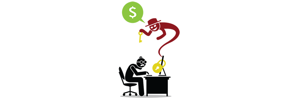 Illustration of frustrated person working at desktop computer with specter rising above asking for money and a padlock on the computer