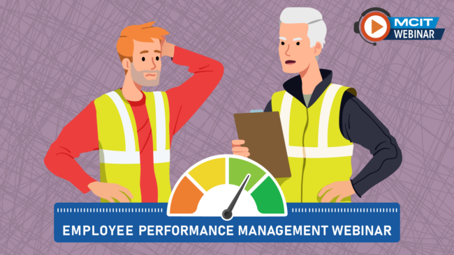Manager having tough conversation with employee who looks apologetic. Light purple background with scribbles. Color dial pointing at green. Employee Performance Management Webinar - MCIT Webinar