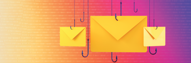 Yellow envelopes caught by fishing hooks against a binary code background