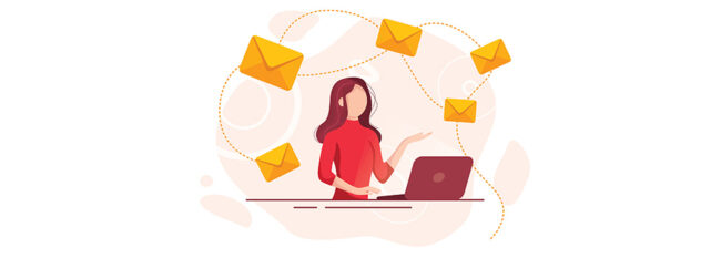 Illustration of woman working at laptop with envelopes swirling around her