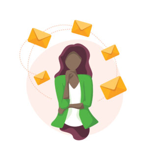 Illustration of woman with envelopes swirling around her