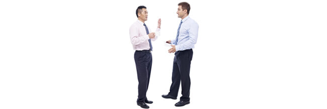 2 male business colleagues in heated discussion against a white background
