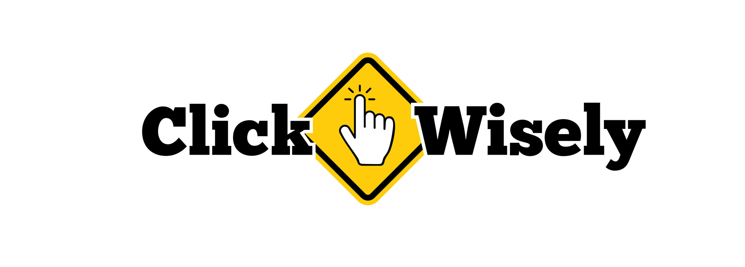 Click Wisely logo: Icon of hand clicking in yellow caution sign surrounded by Click and Wisely