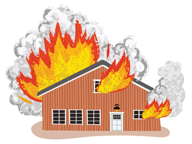 Illustration of office building on fire with flames coming out of windows.