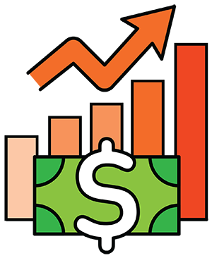 Illustration of dollar bill in front of bar chart with increasing bars and arrow pointing upward