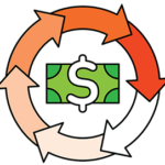 Illustration with dollar bill surrounded by arrows pointing to next arrow forming circle