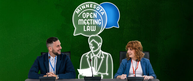 MN Open Meeting Law, Part 3: Personnel data and the open meeting law. Board meeting with line drawing of transparent board member reading a paper.