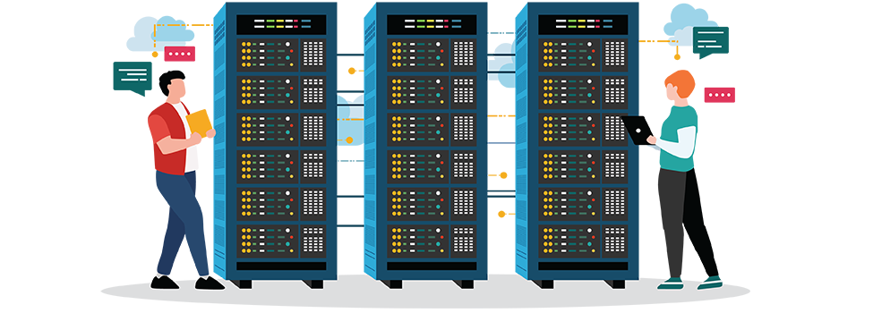 Illustration of three towers of computer services with a man and a woman working on them