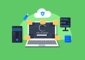 Illustration of data recovery: computer, network and backup storage images included