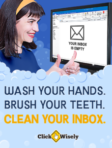 Against blue bubble background, business woman with thumbs up looks at computer monitor showing an empty email inbox