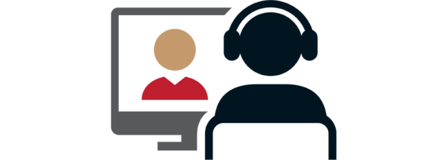 Icon portraying a virtual meeting: person visible on screen to attendee at desk with headphones