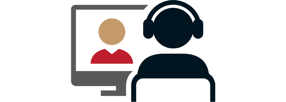 Icon portraying a virtual meeting: person visible on screen to attendee at desk with headphones