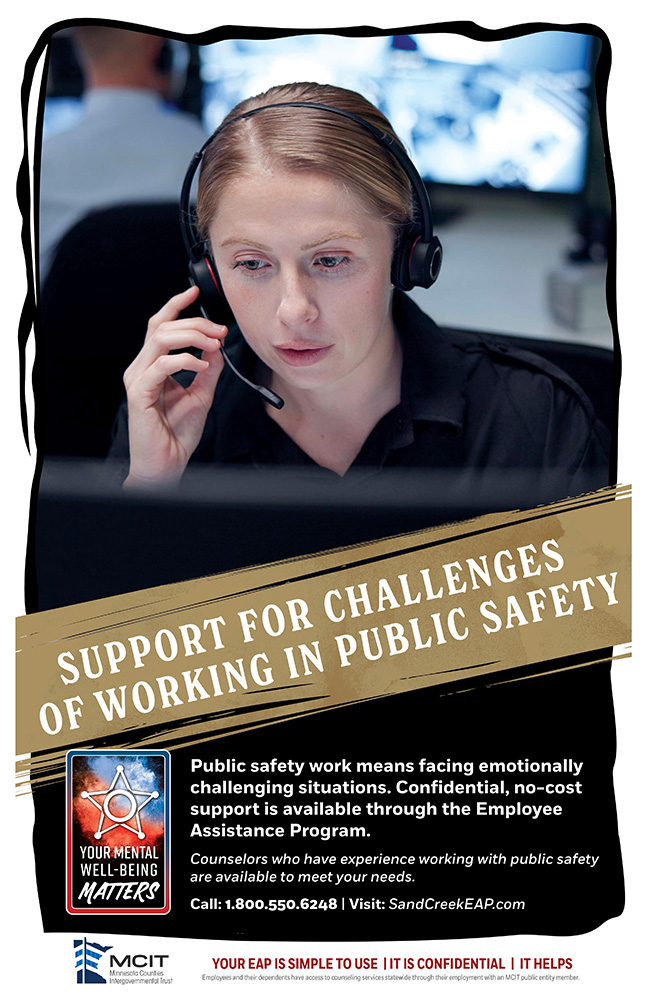 White woman answers calls in a public safety dispatch center. Text: Support for Challenges of Working in Public Safety, Employee Assistance Program offers confidential, no-cost support.