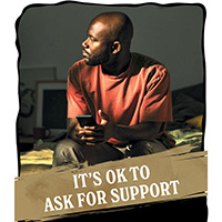 African American man looks to side while holding mobile phone. Text: It's OK to Ask for Support, EAP offers confidential, no-cost support for public safety professionals and your families.