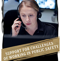 White woman answers calls in a public safety dispatch center. Text: Support for Challenges of Working in Public Safety, Employee Assistance Program offers confidential, no-cost support.