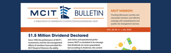 Cropped front page of July 2025 MCIT Bulletin newsletter against a dark blue background