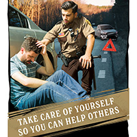 Deputy sheriff attends to person injured in auto accident on side of the road. Text: Take Care of Yourself So You Can Take Care of Others. Employee Assistance Program supports public safety professionals.