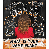 Cropped thumbnail of EAP Poster shows woman looking at chalkboard with "Goals" in big letters at center, arrows point to circled words "relationship," "work-life balance," "habit building," "budget," "family" and "career". Large text below image "What Is Your Game Plan?"